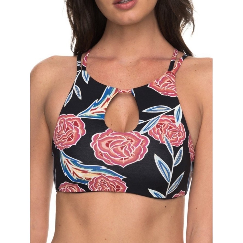 Roxy Women's Softly Love Floral Printed Halter High Neck Crop Bikini‎ Swim Top M